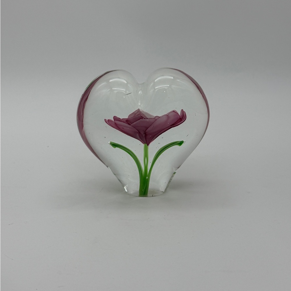 Celebrations Royal Pink Flower Heart Shape Crystal Glass Paperweight 4” X 4”
